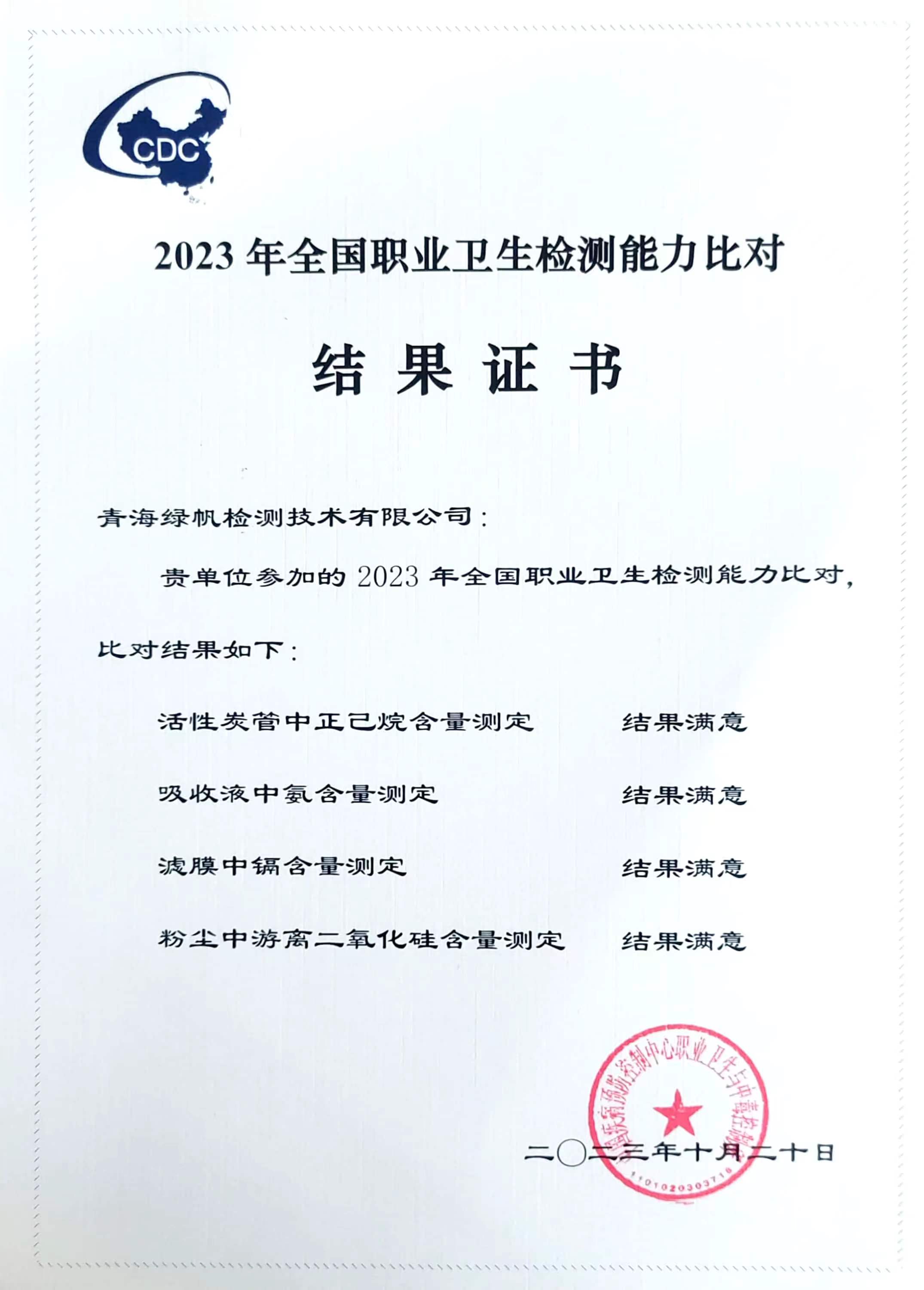 2023年全国职业卫生检测能力比对结果证书